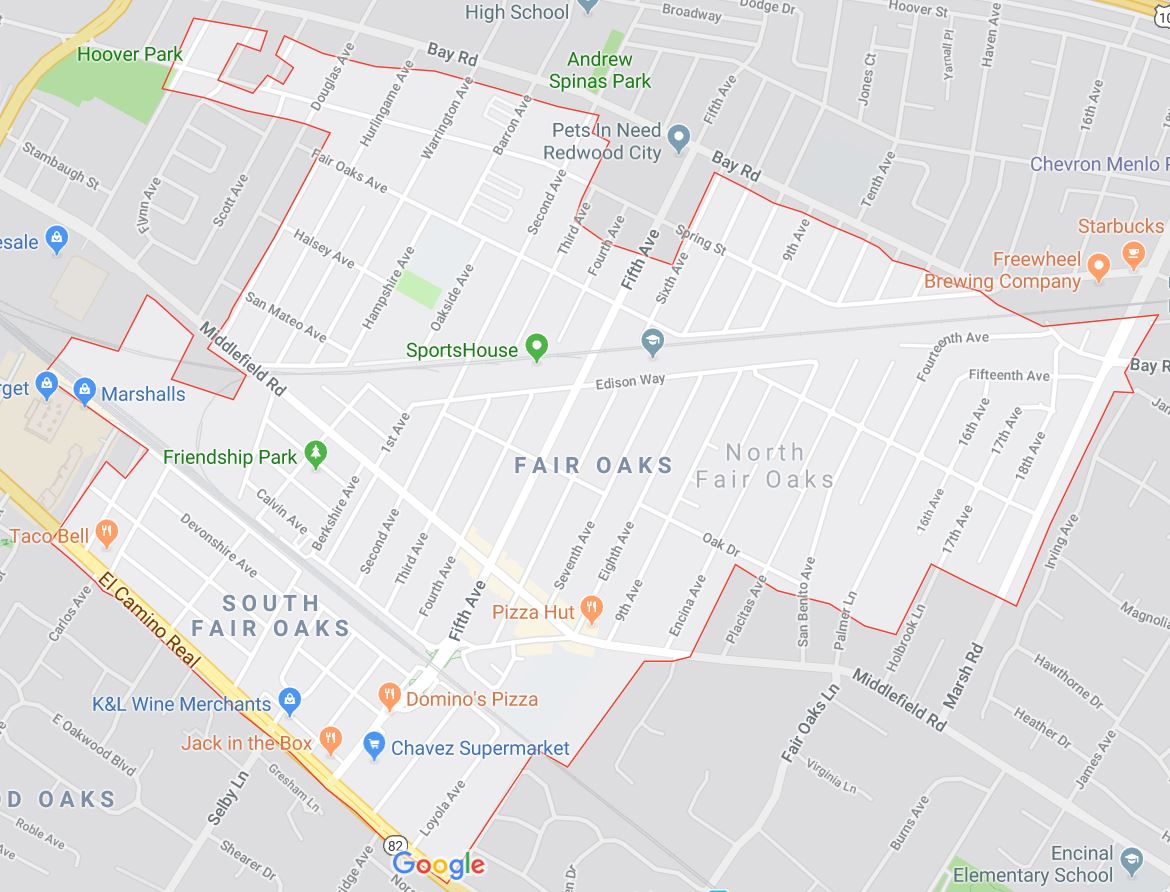 Map showing North Fair Oaks boundaries.